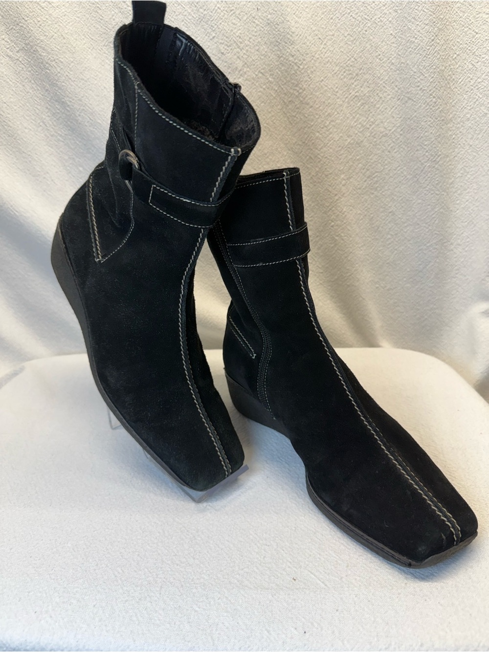 European Style Gabor Black Suede Ankle Booties with Contrast Stitching Hipster
